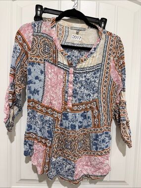 Daniel Rainn Patchwork Floral V-Neck Blouse in Blue, Pink, and Tan